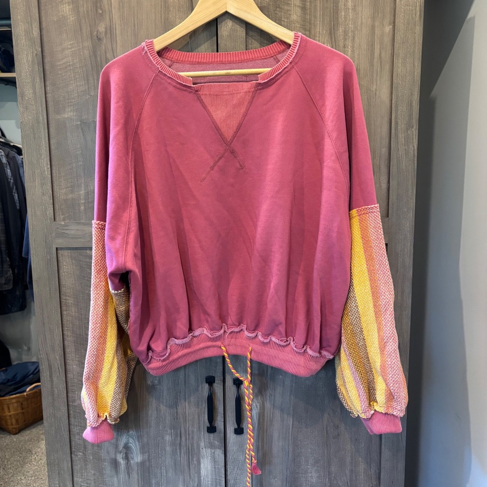 We The Free People Stripe Cuff Pullover Pink Long Sleeve Sweatshirt Medium